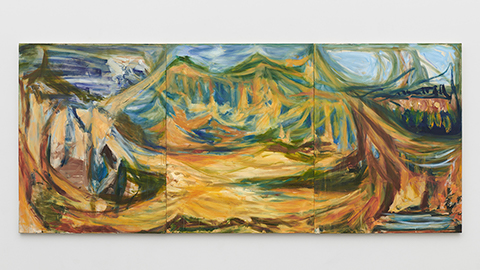 Sarah Cunningham
I Will Look Into the Earth, 2023
Oil on Canvas
180 x 420 x 4 cm
70 7/8 x 165 3/8 x 1 5/8 in
 Sarah Cunningham's painting displayed at the Lisson Gallery.